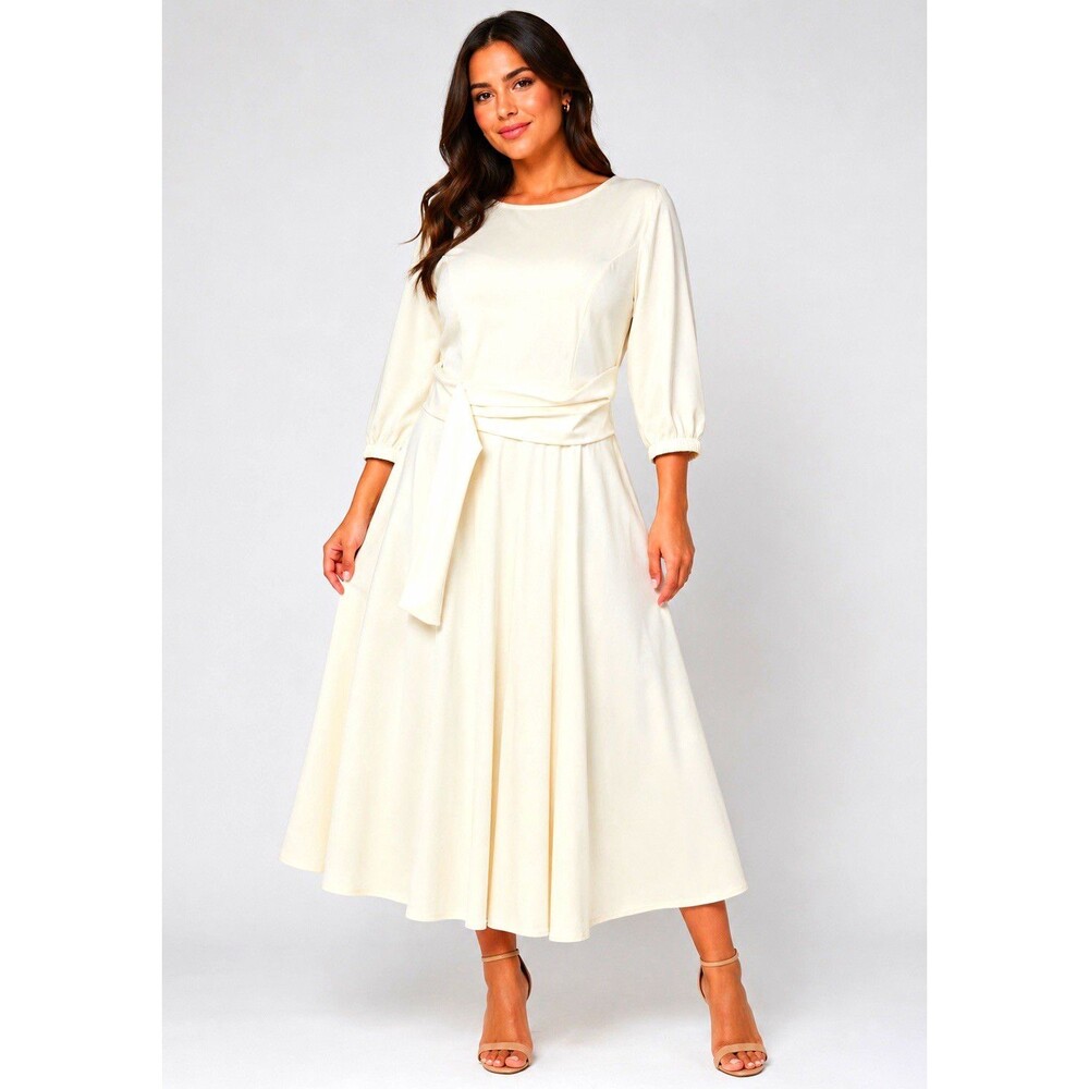 FENJAR Ivory Cream Midi Dress 3/4 Sleeve Tie Waist Fit & Flare NWT